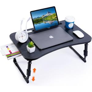 Laptop Desk for Bed, Height Adjustable Laptop Bed Table, Foldable Portable Lap Desk Stand with USB/Storage Drawer/Cup Holder/Slot, Breakfast Tray for Working Reading Writing Eating (Black)