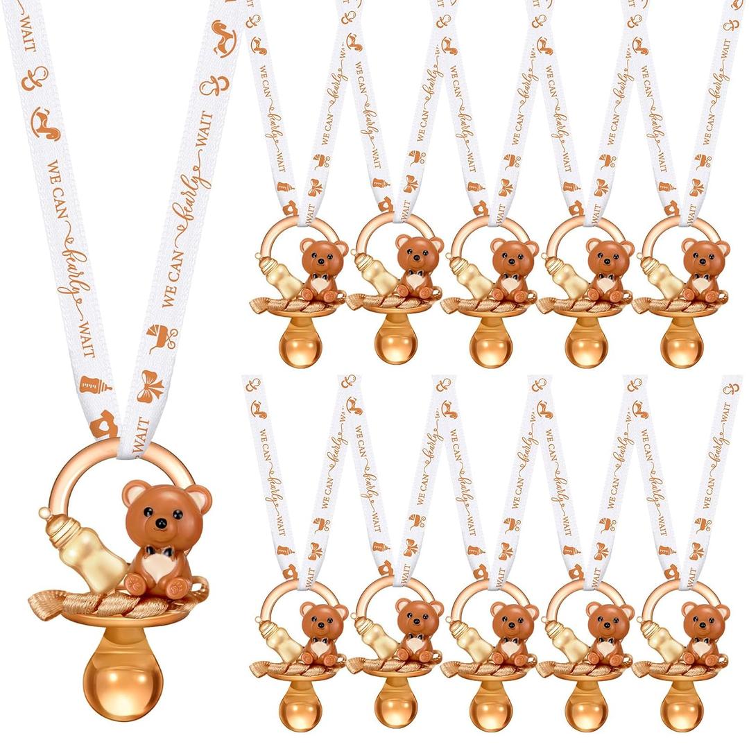 Coume 36 Pcs Shower Party Pacifiers Necklace Bear Bottle Acrylic Pacifiers Charm Pacifier Chain for Guests Gender Reveal Party Favors Prize Table Scatter (White,Brown,Elegant)