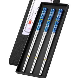 TINMARDA Metal Chopsticks Reusable, 3 Pairs NonSlip Chop Sticks Reusable Dishwasher Safe, Titanium Plated Stainless Steel Chopsticks Present Set (Blue Silver)