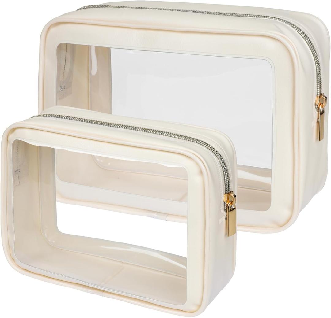PACKISM Pack of 2 Clear Makeup Bag 1 Large 1 Medium - Soft Frame TSA Approved Toiletry Bag Perfect for Travel-size Bottles, Multipurpose Organizer Car Storage Bag, Beige