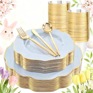 bUCLA 180PCS Blue Plastic Plates - Disposable Light Blue with Gold Rim - Include 30 Each (Dinner & Salad) Plates, 30 Knives, 30 Forks, 30 Spoons, 30 Cups for Party, Easter, Birthday & Shower