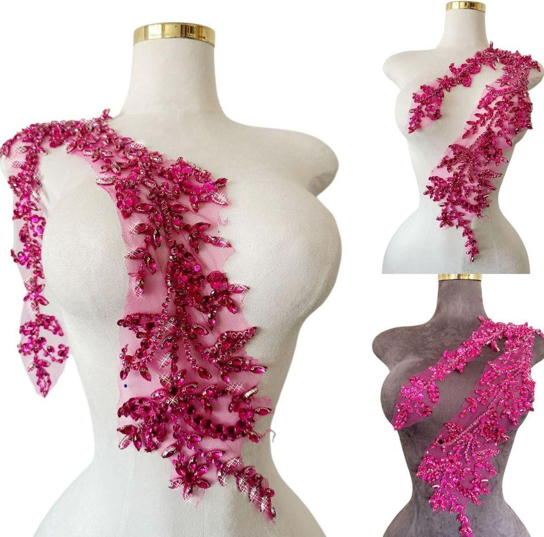 Handmade Shining Acrylic Rhinestones on lace Applique Sewing Beads Stones Trim Patches Accessories for Wedding Dress 4.3X 23.6inches (Rose red)