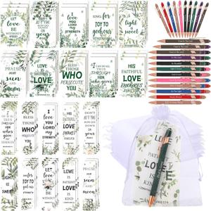 Sinmoe 120 Pcs Bible Gifts Set Include 30 Bible Verses Bookmarks 30 Scripture Ballpoint Pens 30 Christian Notebooks 30 White Organza Bags for Women Men Party Decoration