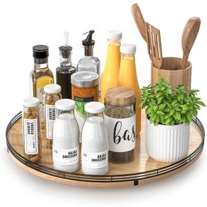 16" Lazy Susan Oak Wood Turntable Organizer for Cabinet, Farmhouse Round Wooden Large Lazy Susan Organization and Storage for Dining Table, Pantry, Kitchen, Bathroom, Countertop, Cupboard, Home Decor (Brown & Black)