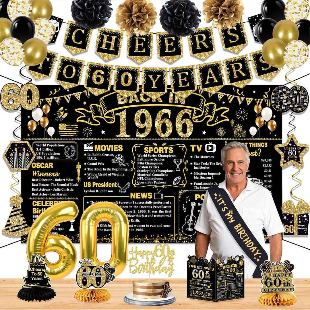 60th Birthday Decorations for Men Women,18PCS 1966 Banner Decorations,Including, 3 Honeycomb Topper,60 Balloons,Cheers to 60 Years Banner,6 Hanging Swirl,4 Paper Poms,Anniversary Card,Sash