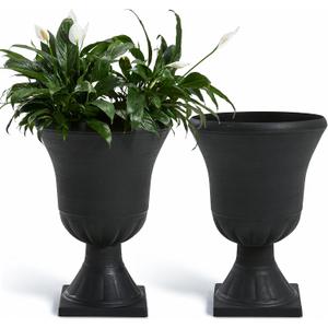 Worth Garden 2-Pack Plastic Urn Planters for Outdoor Plants, 22'' Black Tall Round Classic Resin Traditional Flower Pots - 15 in. Dia. Large Imitation Stone Decorative Pot Patio Deck Front Porch, 15 inches diameter x 22 inches height