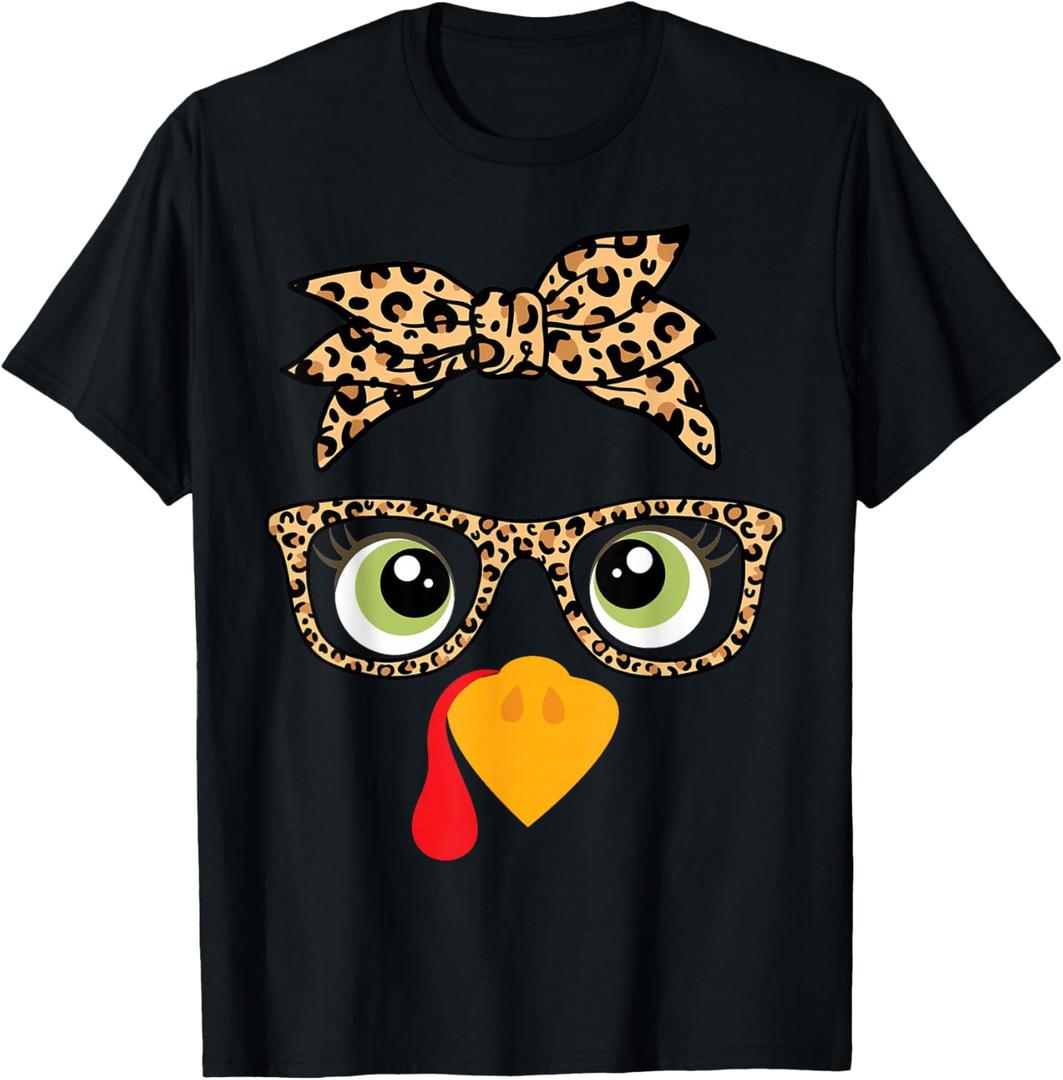 Cute Thanksgiving Turkey Face Leopard Glasses Women Girls T-Shirt, S