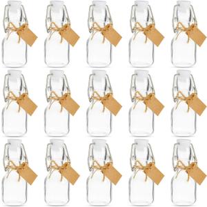 BLUE PANDA 15 Pack Small Swing Top Glass Bottles - 2 oz/60 ml Bottles with Lids, Stoppers, Tags & Jute Twine for Wedding Party