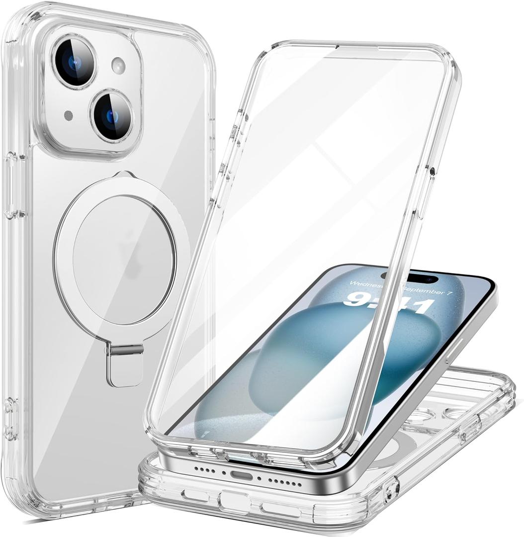 for iPhone 15 Case with Invisible Magnetic Stand, Compatible with Mag-Safe Military-Grade Protection with Built-in Screen Protector, Shockproof Phone Case for Women Men, Clear