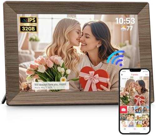 Frameo 10.1" Digital Picture Frame, Smart WiFi Digital Photo Frame with 1280x800 HD IPS Touch Screen 32GB Memory Auto-Rotate Wall Mounted, Share Photos/Videos from Phone Anywhere(Coffee Brown Wood)