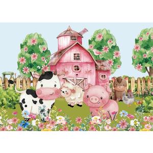 7x5ft Farm Animals Party Backdrop Pink Barn Farm Photography Background for Girls Birthday Party Baby Shower Banner Farm Animals Cows Pigs Barnyard Decorations Cake Table Photo Booth Props