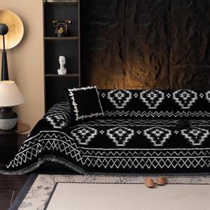 VClife Boho Couch Cover Chenille Sofa Cover for Sectional Sofa, Non Slip Couch Covers for 2 Seater Sofa Pet Friendly Sofa Protector with Tassel, Tribal Pattern Couch Slipcover, Black, 71"X118" (Large (71*118inch))
