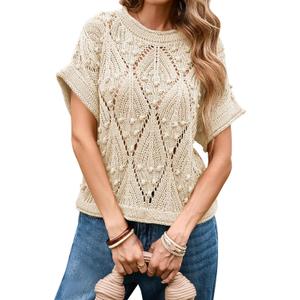 Cakulo Short Sleeve Summer Crochet Sweaters for Women Lightweight 2025 Boho Crop Tops Knit Pullover Sweater (Small, Apricot)