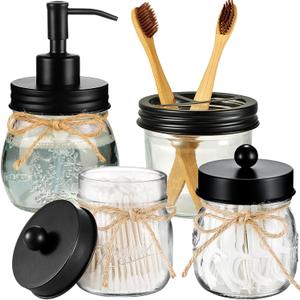 Amolliar Mason Jar Bathroom Accessories Set 4 Pcs -Lotion Soap Dispenser & 2 Qtip Holders & Toothbrush Holder - Rustic Farmhouse Decor, Bathroom Home Decor (Black)
