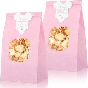 Teenyyou 36 Sets Little Pumpkin Baby Shower Favors 36 Pcs Thanks for Poppin' by to Celebrate Paper Popcorn Bags for Party with 36 Clothes Popcorn Stickers Engaged Container Baby Shower Bags(Pink)