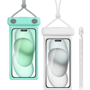 wellhouse Waterproof Phone Pouch, Waterproof Phone Case for iPhone 16 15 14 13 12 Pro Max XS Samsung, IPX8 3D Cellphone Dry Bag Beach Essentials (2 Pack - Duke Green & White7.0, 7 inch)