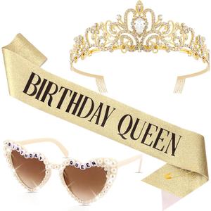 Gold Birthday Crown and Sash & Glasses Set for Women - BIRTHDAY QUEEN Sash and Tiara for Women, Happy Birthday Decorations Adult Woman Girls Party Favors Accessories