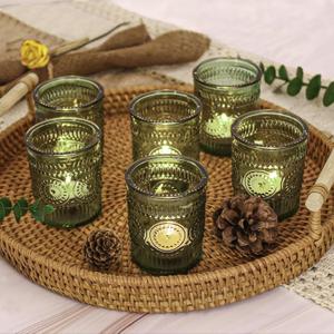 24 Pcs Green Glass Votive Candle Holders, Tealight Candle Holders for Table Centerpieces, Vintage Candle Holder Bulk, Boho Wedding, Home, Bridal Shower, Birthday Party Table Decor (Green)