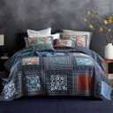 King Quilt Sets, 100% Cotton Quilts King Size, Navy Bedspreads, Patchwork with Retro Paisley Patterns, 3-Piece Lightweight Bedding Coverlet for All Season (1 Quilt + 2 Pillow Shams)