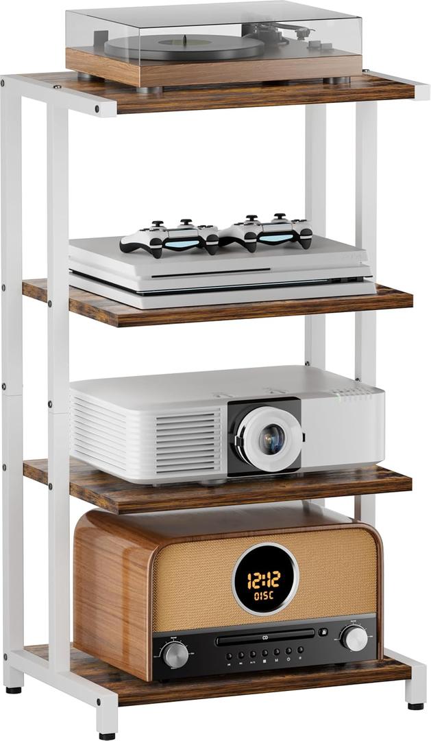 4-Tier Media Storage Stand, Audio Media Rack for Living Room, Gaming Room, Music Studio, Wooden Game Console Shelf for TV Accessories/Audiovisual Equipment/Optical Disc/PS4, White