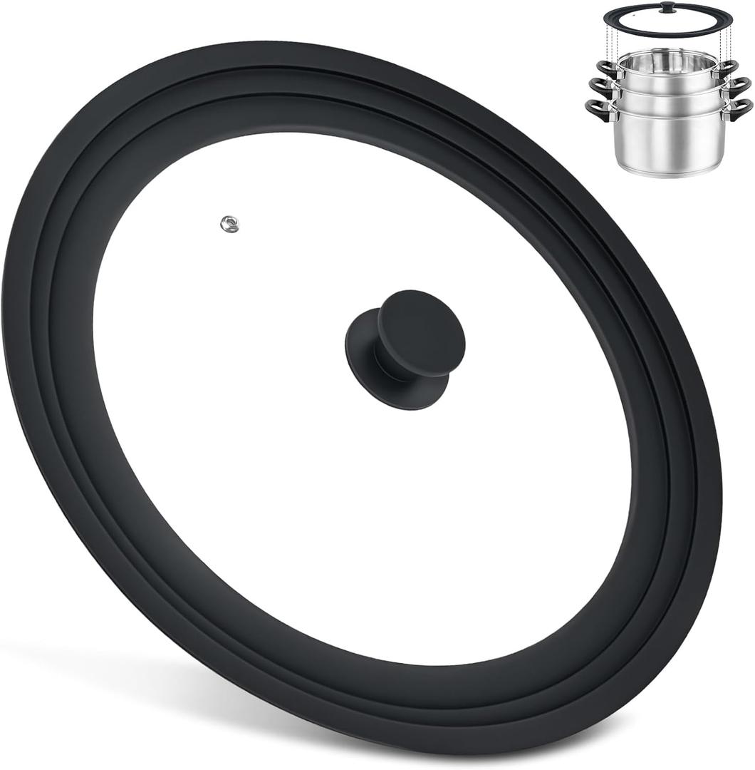 Extra Large Universal Lid Fits 13", 14", 15" Cookware - Silicone Replacement Pan Lid for Pots, Pans, and Skillets - Tempered Glass Pot Lid Cover for Frying Pans, Cast Iron, CrockPot