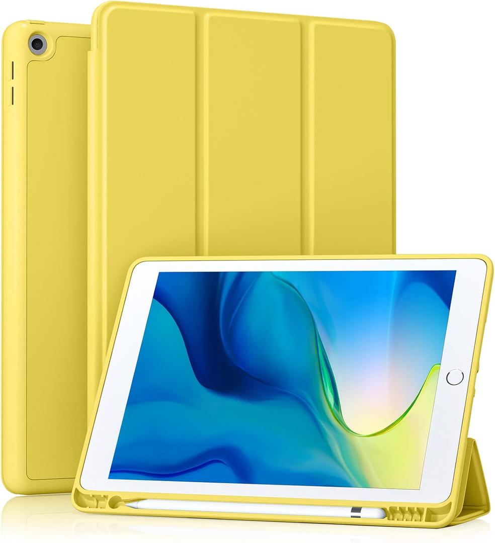 Akkerds Case Compatible with iPad 10.2 Inch 2021/2020/2019, for iPad 9th/8th/7th Generation Case with Pencil Holder, Protective Case with Soft TPU Back, Auto Sleep/Wake Cover, Yellow