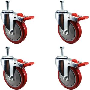 5 Inch Total Lock Caster - Red Polyurethane Wheel - 1/2"-13 x 1.5" Threaded Stem Set of 4