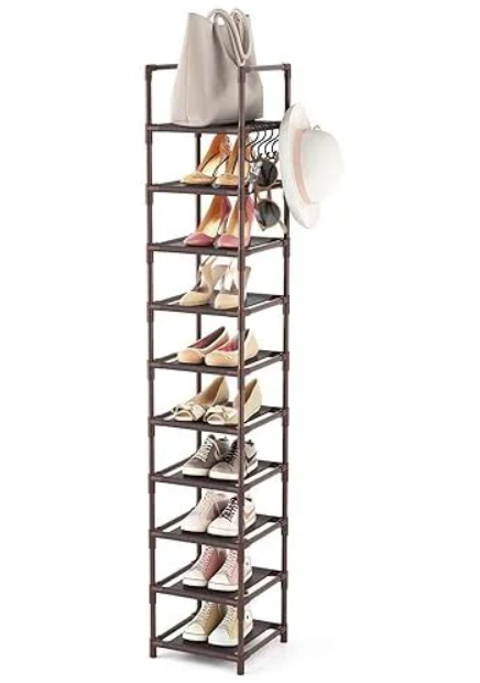 LANTEFUL Tall Shoe Rack 10Tier Narrow Shoe Shelf Storage for 1015 Pairs Shoe and Boot, Sturdy Shoe Storage Space Saving Corner Shoe Rack Organizer for Closet, Entryway, Living Room, Brown