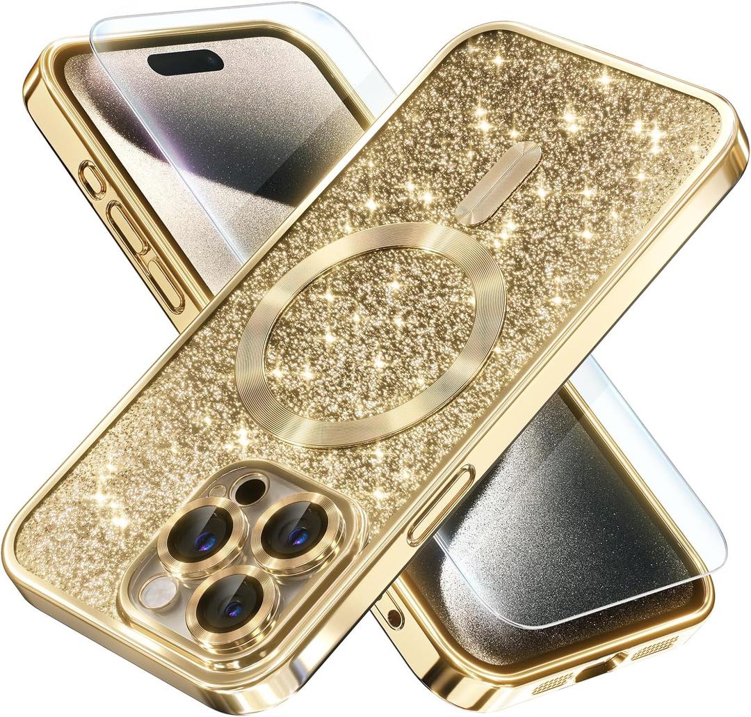 Misea Magnetic for iPhone 15 Pro Max Case Compatible with MagSafe [Military Grade Drop Protection] Full Camera Lens Protector Plating Glitter Soft Phone Case for Women Girls, Gold