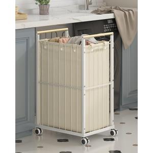 Laundry Hamper with Wheels,Laundry Basket with Wooden handle, Laundry Sorter with Removable Liner Bag,Suitable for Laundry Room, Bedroom,Bedroom(Beige, 78L)