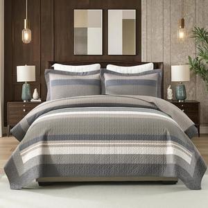QuiltEase Stripe Quilts King Size - 3 Pieces Quilt Sets - 100% Cotton Farmhouse Bedspread Bedding Set for All Season - Reversible Lightweight Comforter - Brown/Oatmeal/Dark Grey/Smokey Olive