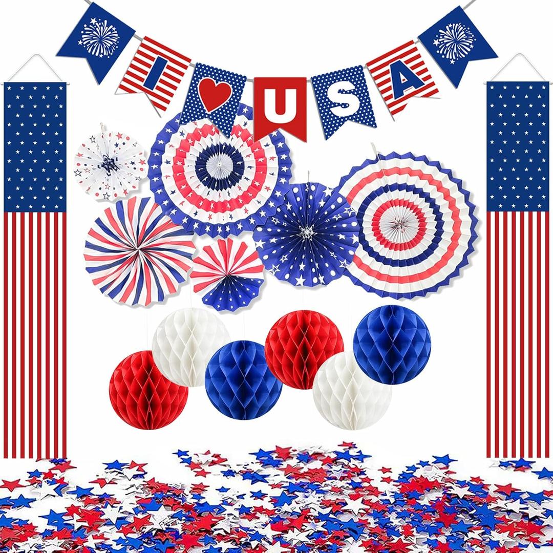 4th of July Decorations Set, Independence Day Hanging Door Banners, Paper Fans, Red White Blue Honeycomb Balls for Home Wall Indoor Outdoor Party Supplies
