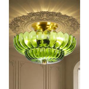 Semi Flush Mount Ceiling Light Fixture Vinatge Green Ceiling Lights Mid Century Modern Milk White Glass Close to Ceiling Lighting Fixtures for Bedroom Hallway Foyer Bathroom Kitchen Laundry Room, 11.8 inch