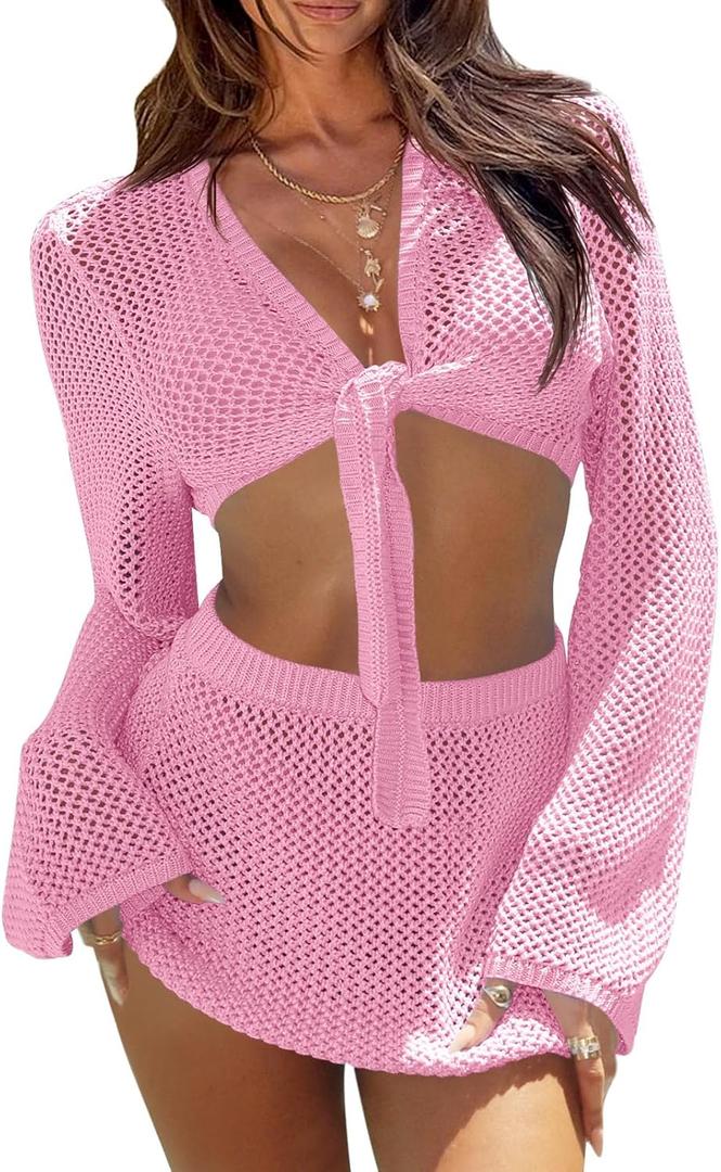 Fisoew Womens Crochet Swimsuit Coverups 2 Piece Bathing Suit Cover Up Long Sleeve Tie Front Crop Top Mini Skirt Sets (Pink)