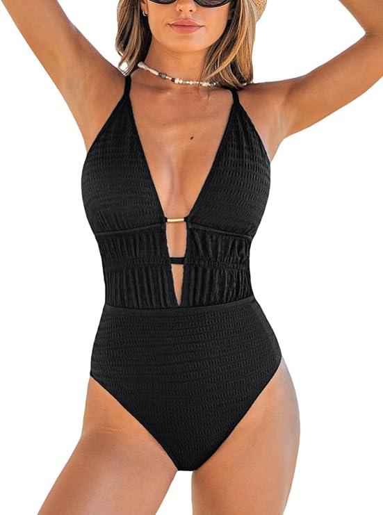 CUPSHE Women's One Piece Swimsuit Plunging Neck Cutouts Bathing Suit Textured Ruched Crisscross Back Self Tie Swimwear Medium