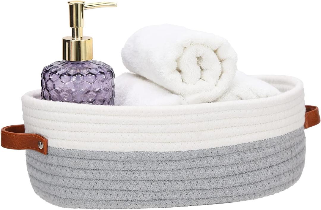 Bathroom Countertop Organizer Basket, Cotton Rope Woven Storage Basket Toilet Paper Decorative Basket for Bathroom, Bedroom, Living Room, Entryway 13"x6.3"x4.3" (Off White/Gray)