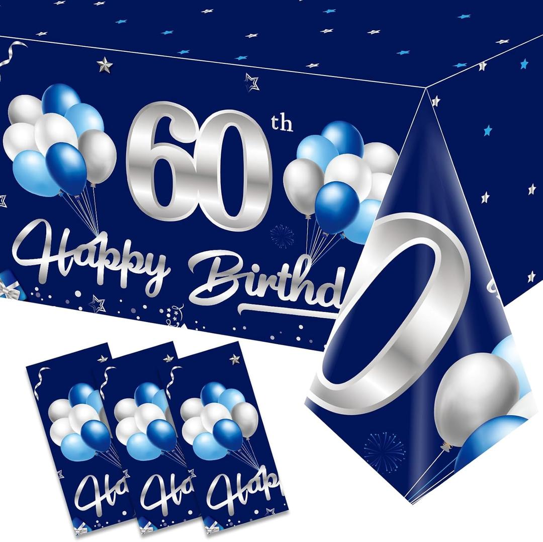 3 Pack Blue Silver 60th Birthday Tablecloth Decorations for Men, Navy Blue Happy 60 Table Cover Party Supplies, Sixty Years Old Birthday Disposable Table Cloth for Indoor Outdoor