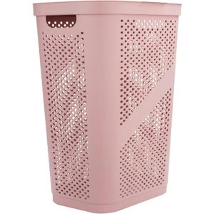 Mind Reader Slim Laundry Hamper with Lid, 60L Clothes Basket, Ventilated Plastic, Pink