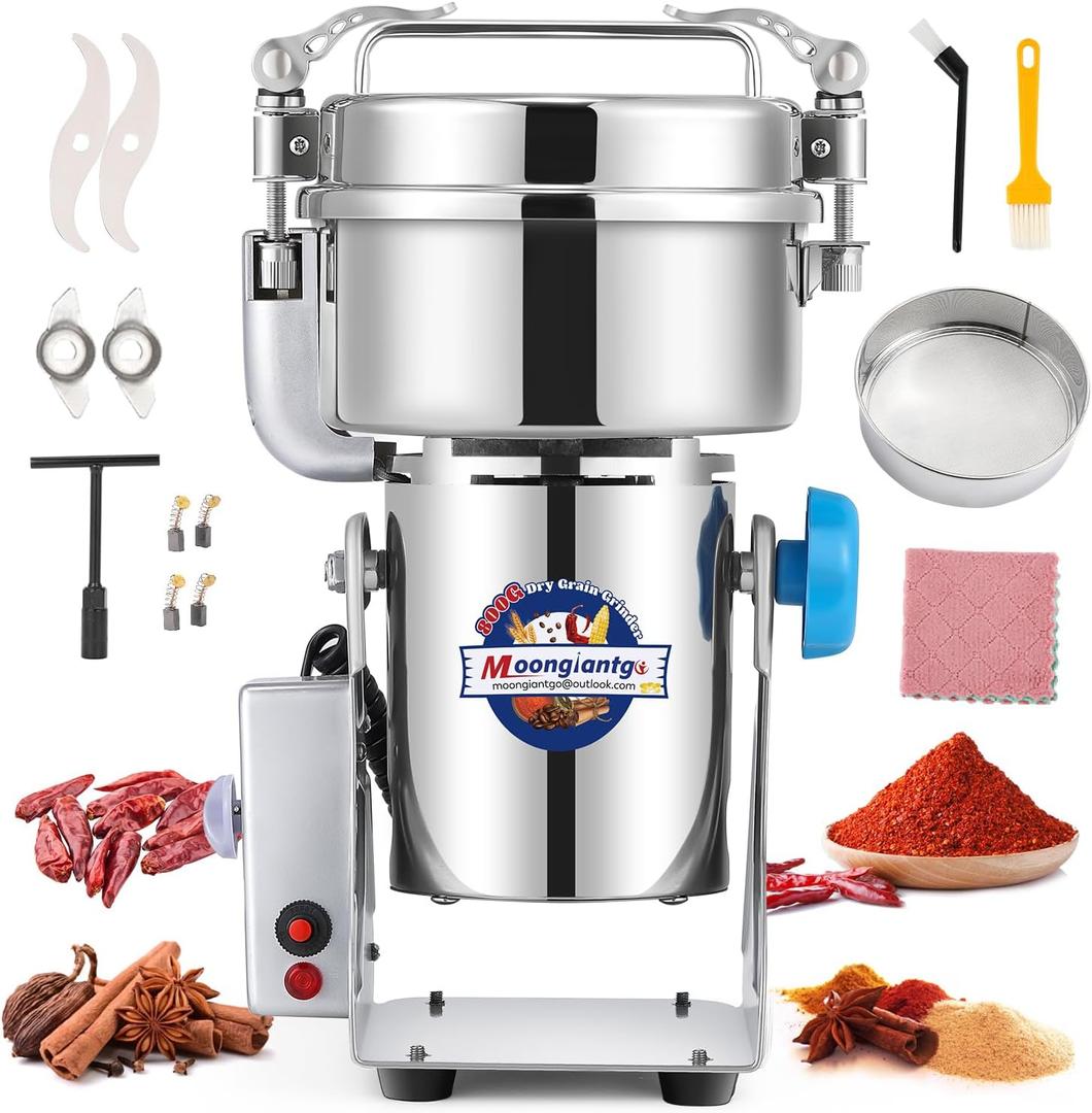 Moongiantgo Grain Mill Grinder Electric 800g High Speed Stainless Steel Grinder Pulverizer Commercial Motor with Overload Protector Grinding Machine for Dry Spice Cereals Coffee Corn Rice Pepper Moongiantgo Grain Mill Grinder Electric 800g High Speed Stainless Steel Grinder Pulverizer Commercial Motor with Overload Protector Grinding Machine for Dry Spice Cereals Coffee Corn Rice Pepper