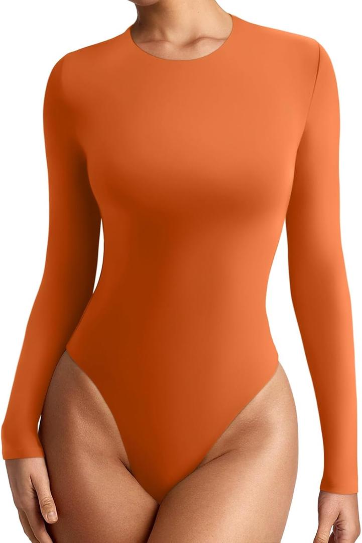 REORIA Women's Crew Neck Long Sleeve Bodysuits Basic Slim Fit Comfy Lightweight Layering Top Fall Winter Outfits (Medium, Orange)