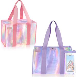 2-Piece XL Iridescent Waterproof Beach Bag Set, Include Purple Iridescent Tote Bag with Snap & Pink Iridescent Tote Bag with Zipper, & Phone Pouch - Perfect Beach Essentials for Family