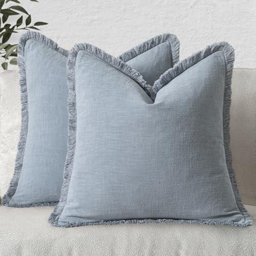 MIULEE Decorative Throw Pillow Covers Neutral Linen Fringe Throw Pillows Set of 2 Light Blue Boho Farmhouse Cushion Covers with Tassels for Couch Sofa Bed Living Room Spring Home Decor 20x20 Inch