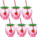 LemonRoad 17 oz Strawberry Shaped Cups with Lids and Straws Reusable Cute Drinking Cups Strawberry Water Bottles for Hawaiian Summer Party (6 Pcs), about 17 oz/ 500 ml