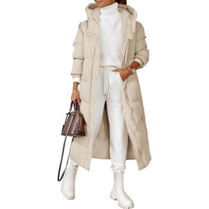 Grlasen Women Long Quilted Coat Winter Hooded Long Sleeve Button Down Puffer Padded Jacket, Medium, Khaki 