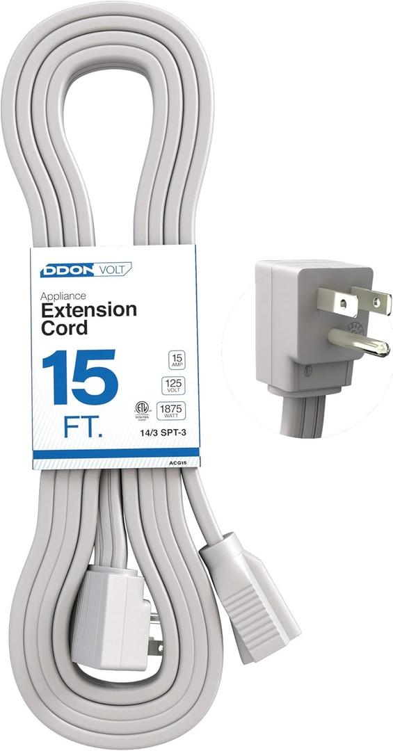 Appliance Extension Cord - 15ft Heavy Duty Gray Extension Wire for Air Conditioner, Refrigerator, & All Major Appliances - 14 Gauge High Voltage 3 Prong Flat-End Appliance Cord, for Indoor use