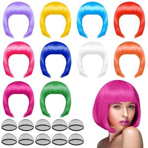 PLULON 10 Pieces Party Wigs and 10 Pieces Wig Caps Set, Neon Short Bob Wig Pack Costume Colorful Cosplay Daily Party Hairpieces for Bachelorette Neon Party Favors, Halloween Decorations