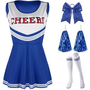 SATINIOR 4 Pcs Cheerleader Costumes for Women Adults Girls Cheer Uniform Outfit for 2025 Halloween (Small, Blue)
