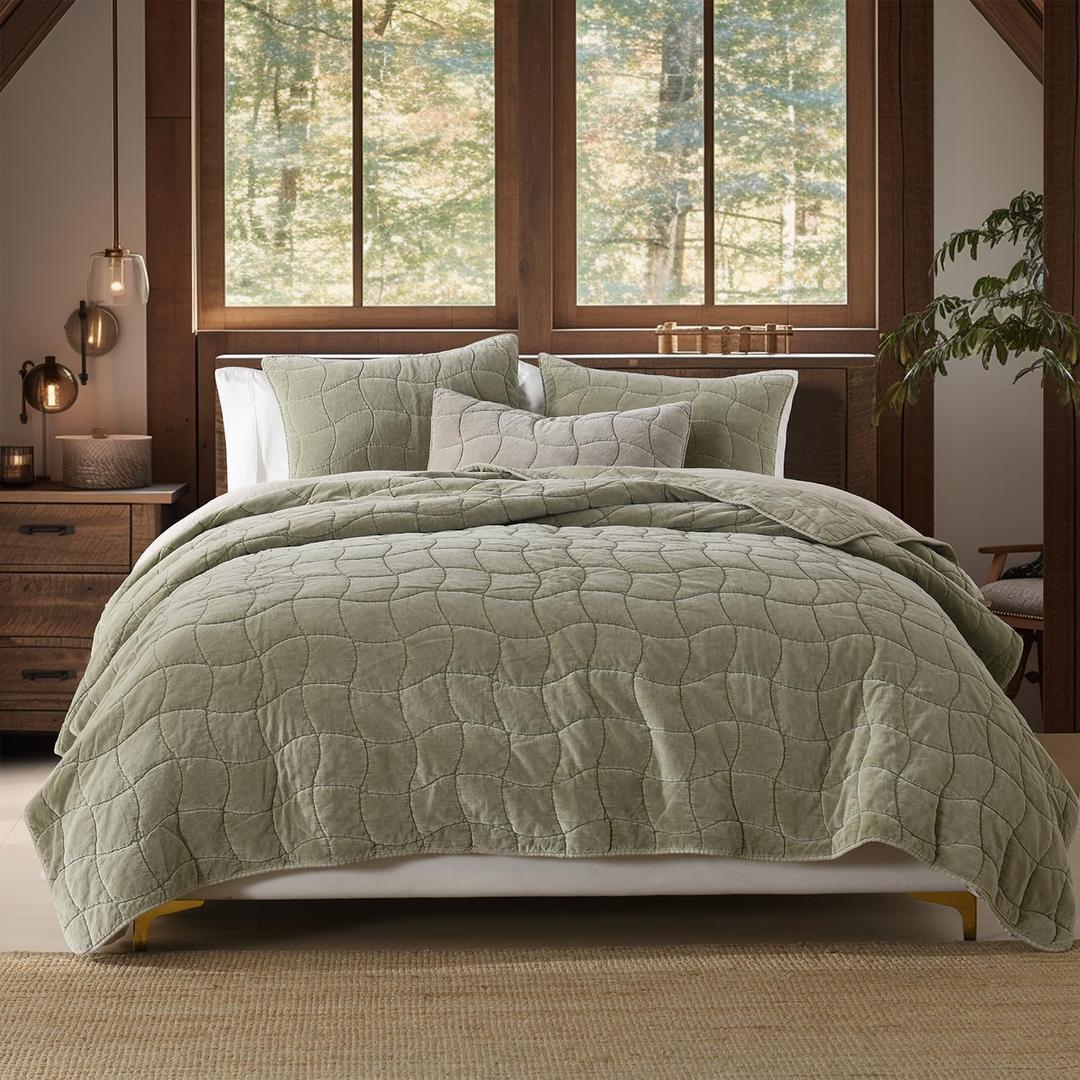 HORIMOTE HOME Cotton Quilt King, Green Stone-Washed Velvet Comforter 3-Pieces Oversized King Cotton Bedspread with 2 Pillow Shams, Cozy Cloud Quilt Bedding Set Coverlet for All Season