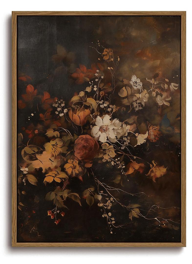 KISSFOX Vintage Framed Wall Art Decor Rustic Floral Pictures Wall Decor Dark Botanical Canvas Art Prints Moody Flowers Paintings Artwork For Bedroom Living Room
