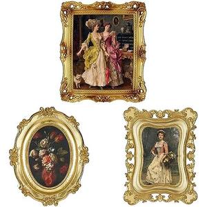 Thyle 3 Pcs Small Gold Vintage Picture Antique Resin Photo Frame Set Rectangle Ornate Antique Picture Frames for Art Tabletop Display Wall Hanging Home Decor(Gold)